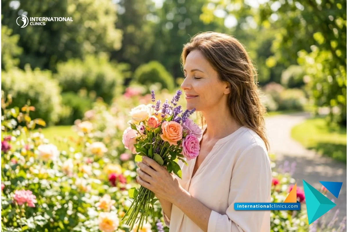 Persona feliz en un parque disfrutando del aroma de las flores tras su recuperación de Otorrinolaringología y Cirugía Estética.