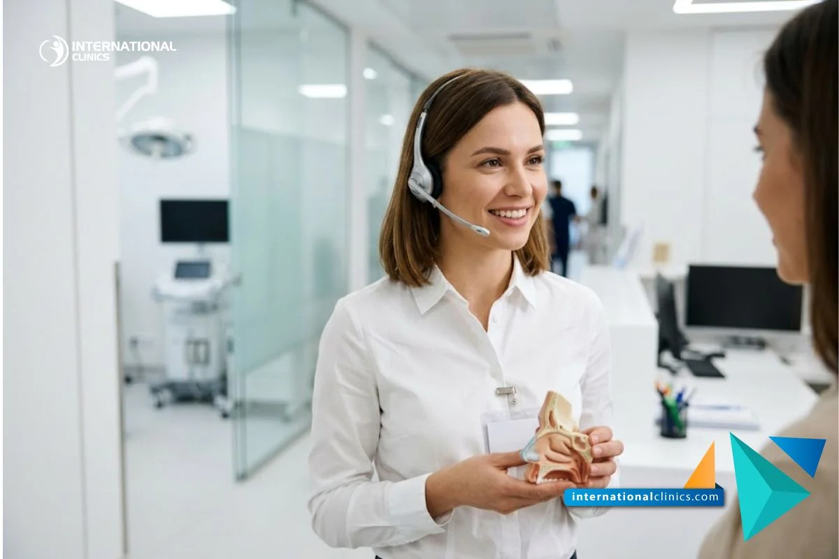 Coordinadora médica profesional con un modelo de nariz 3D en los pasillos de un hospital de International Clinics.