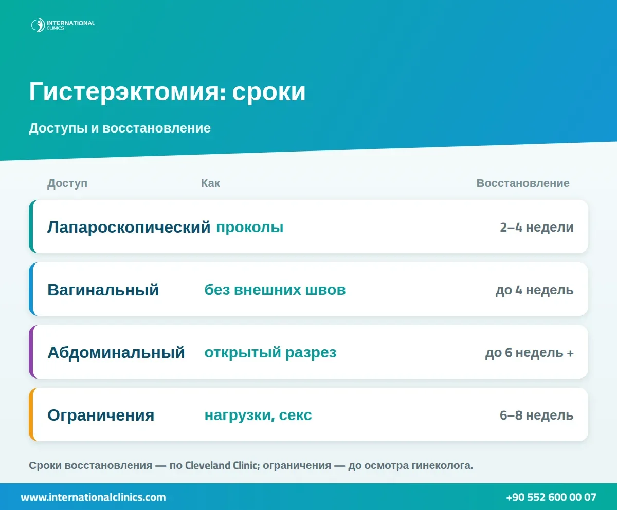 Инфографика: гистерэктомия — виды доступа и сроки восстановления