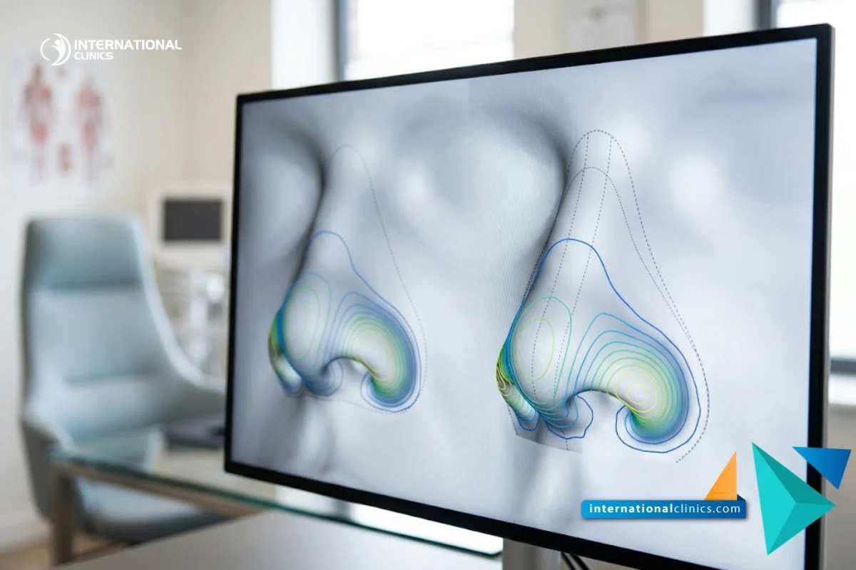 Monitor médico que muestra un modelo facial 3D para la planificación de la Reducción de alas nasales con incisión interna.