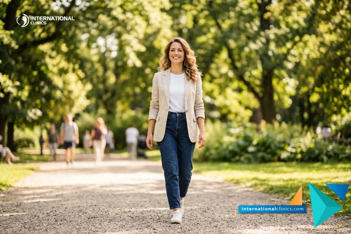 Persona con alta autoestima disfrutando del aire libre en un parque tras una exitosa Reducción de alas nasales con incisión interna.