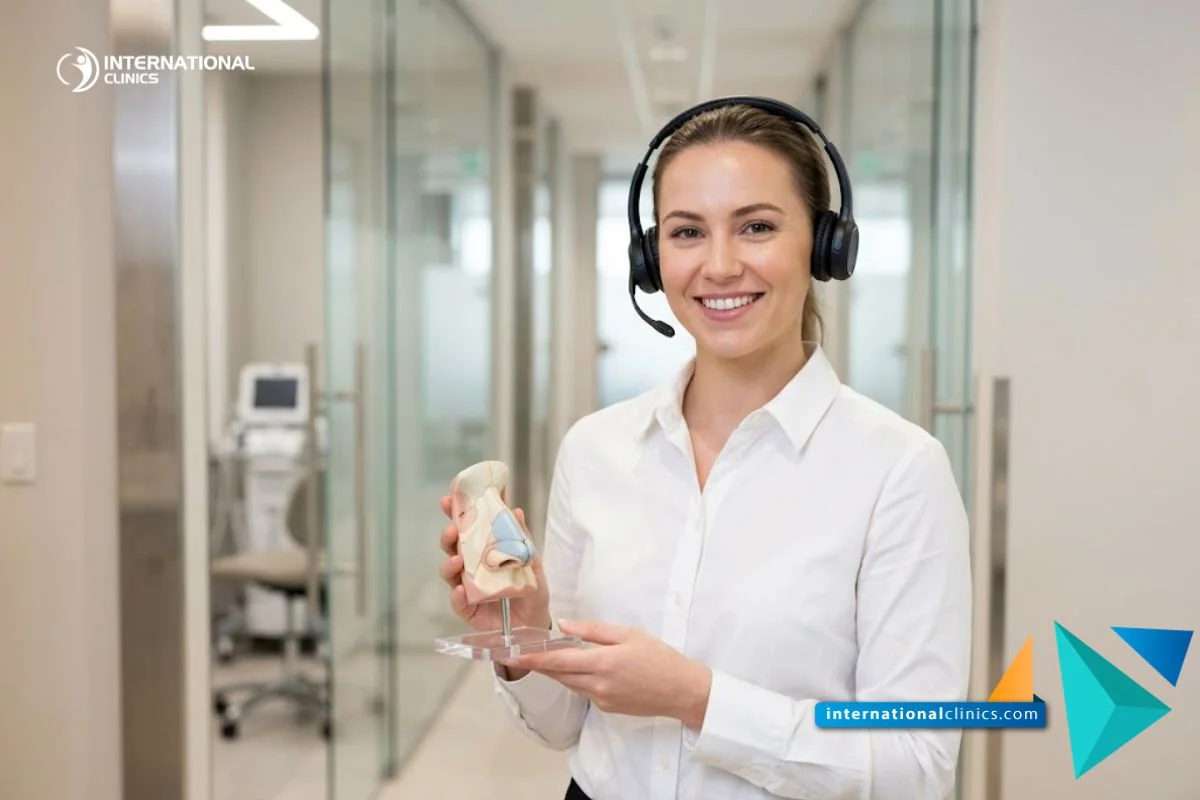 Coordinadora médica amable en un pasillo hospitalario de vanguardia en International Clinics.