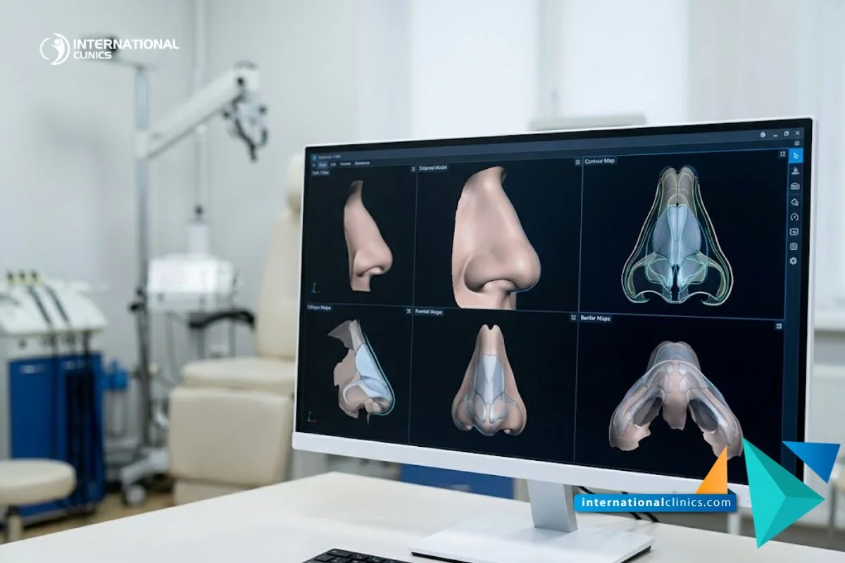Un écran médical moderne affichant un modèle numérique 3D pour la planification de la Réduction du Cartilage Nasal.