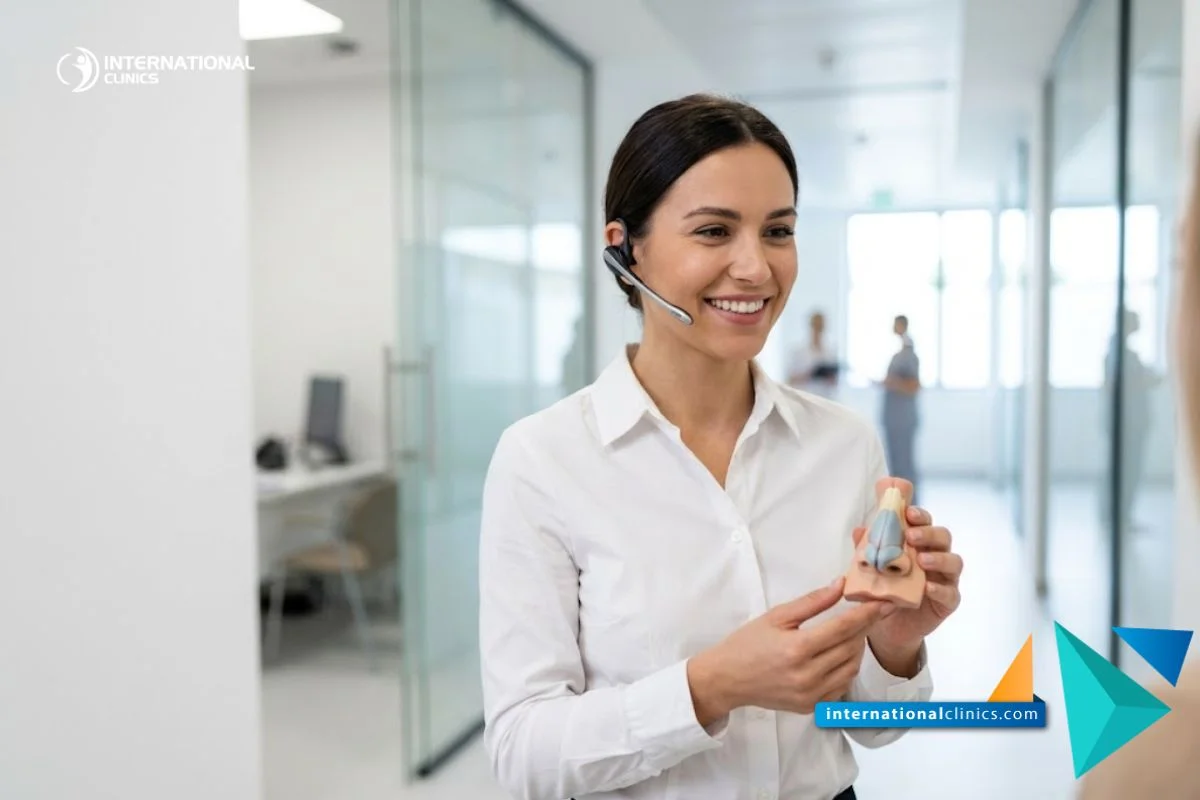 Une coordinatrice médicale professionnelle tenant un modèle nasal 3D dans les couloirs cliniques d'International Clinics.