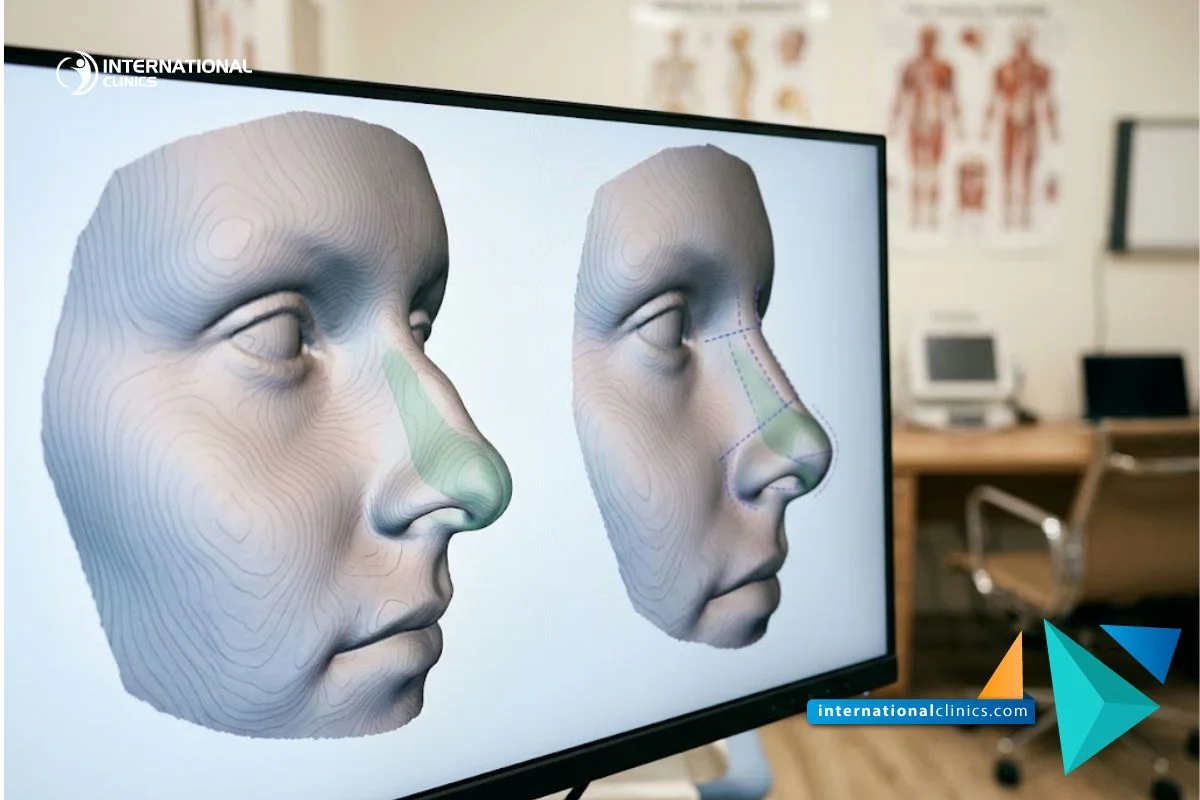 Monitor médico moderno que muestra un modelo digital 3D de los contornos faciales para planificar una Rinoplastia Reconstructiva en Turquía.