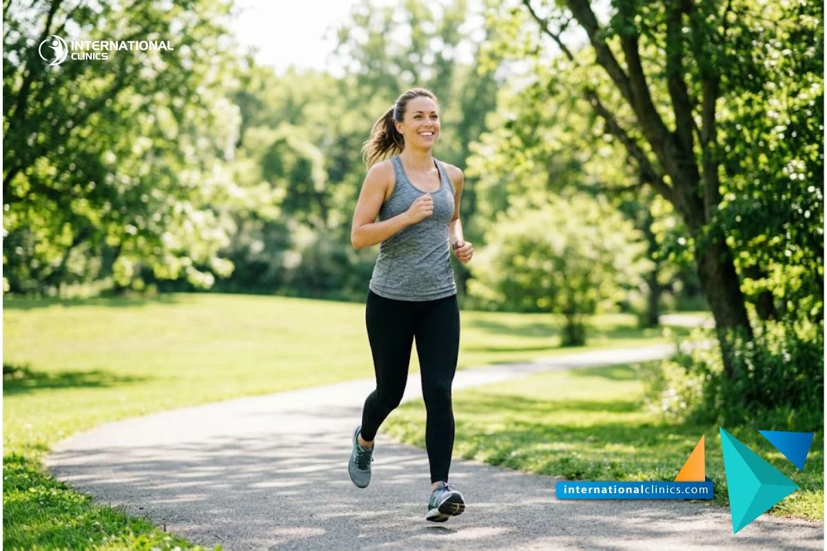 Persona segura de sí misma respirando libremente mientras corre en un parque soleado tras su Rinoplastia Reconstructiva en Turquía.