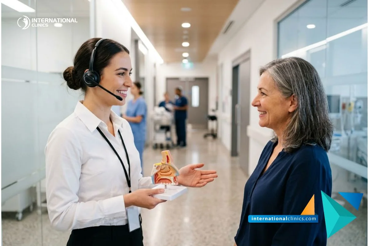 Joven coordinadora médica profesional con auriculares sosteniendo un modelo nasal 3D en el moderno pasillo de International Clinics.