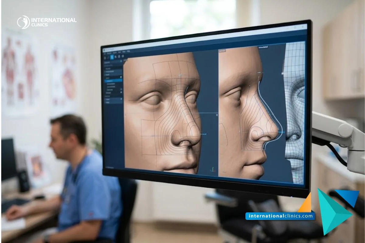 Clinical monitor displaying a 3D facial topography and contour mapping interface for a Rhinoplasty and Facial Plastic Surgeon.