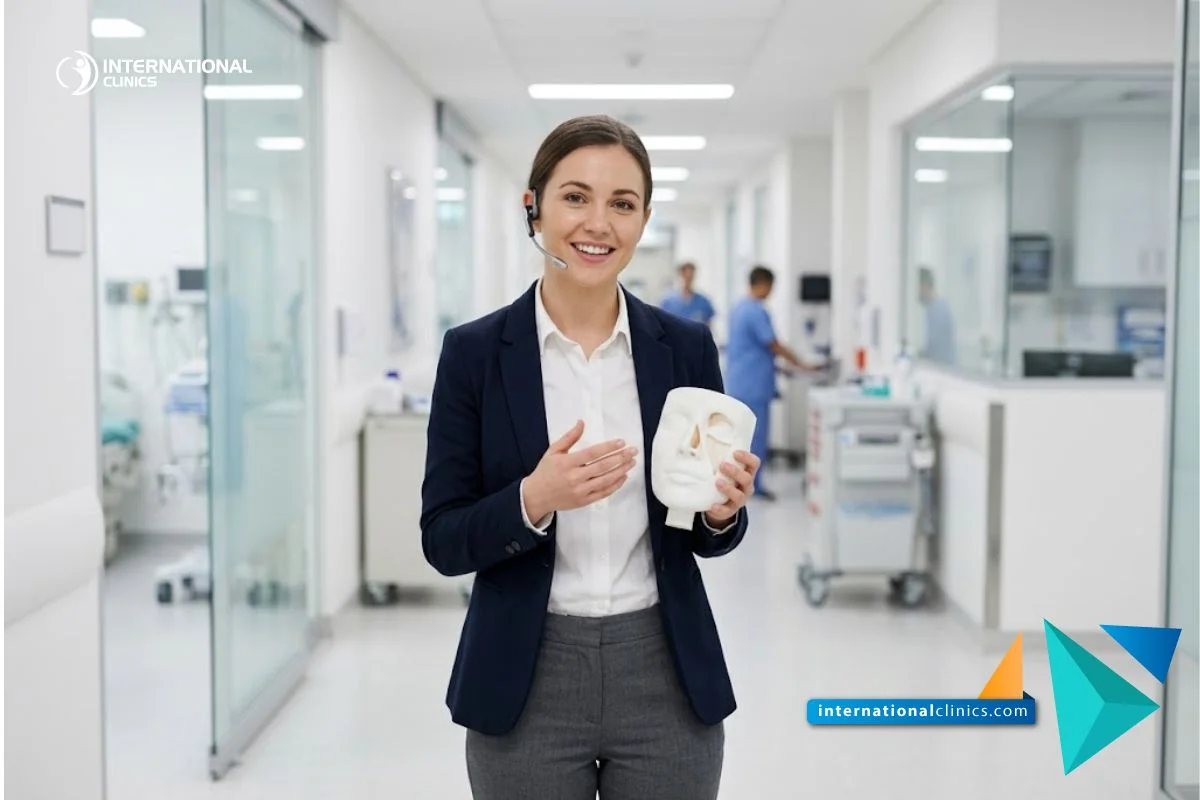 Professional young female medical coordinator holding a 3D facial model in a state-of-the-art medical corridor at International Clinics.