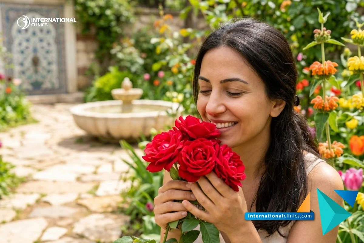شخص يتنفس براحة في حديقة مشمسة مما يعكس نجاح التعافي بعد تجميل الأنف المكسور في تركيا.