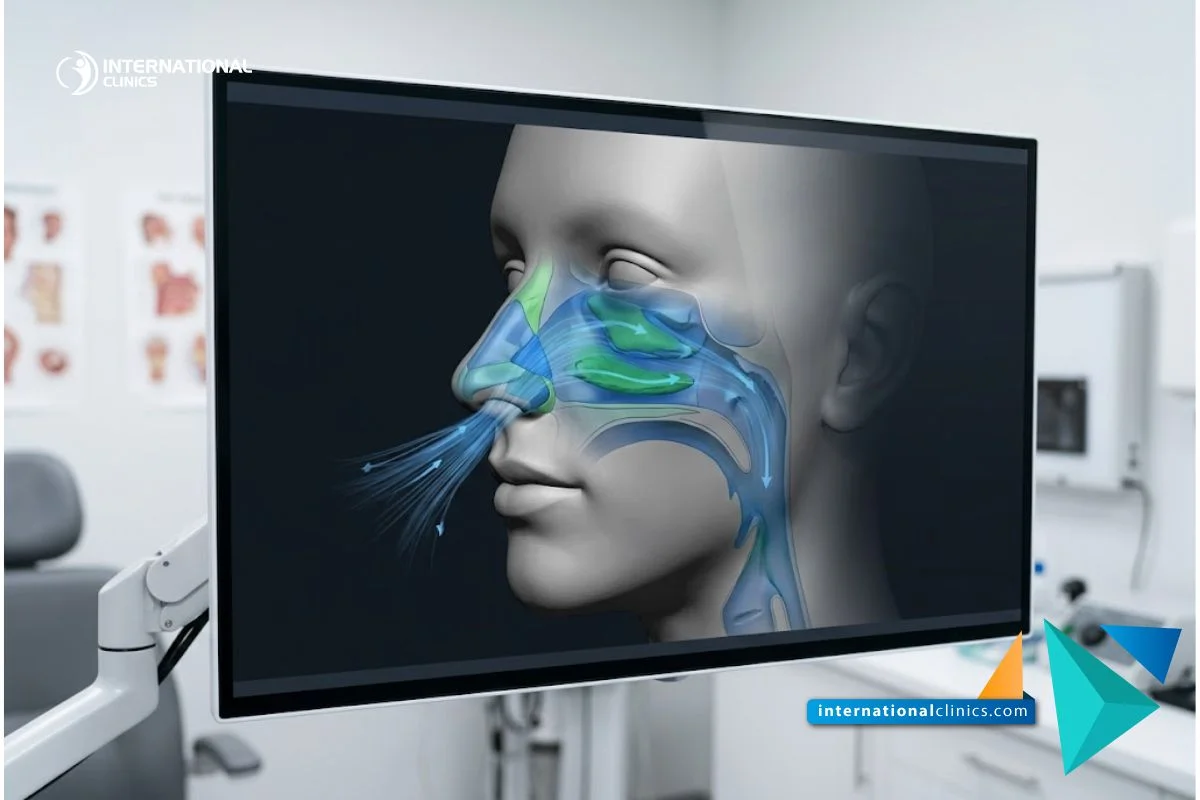 High-tech medical monitor displaying a 3D digital model of a nasal airway and facial profile for septorhinoplasty planning.