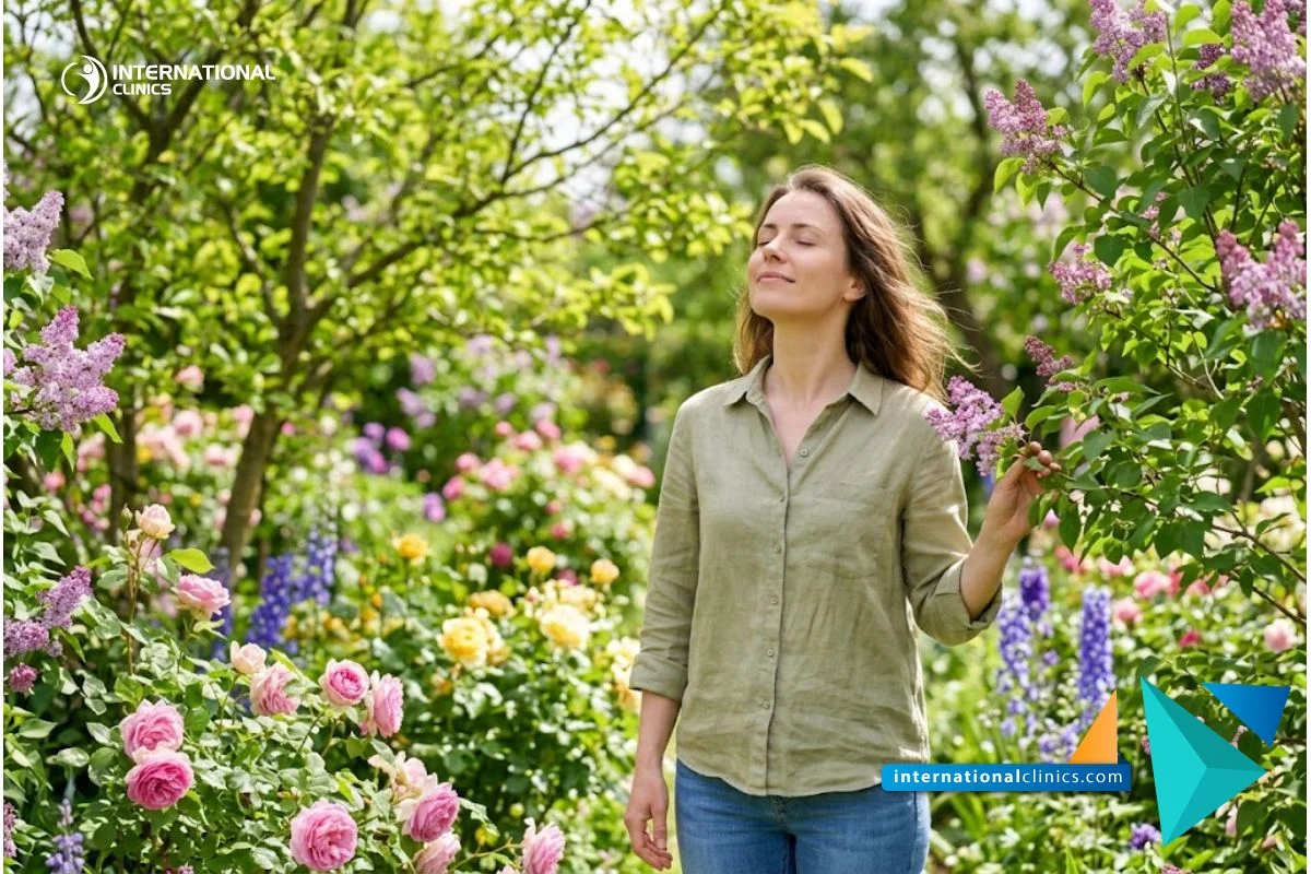 A healthy person taking a deep breath of fresh air in a blooming garden, showcasing restored breathing after septorhinoplasty.