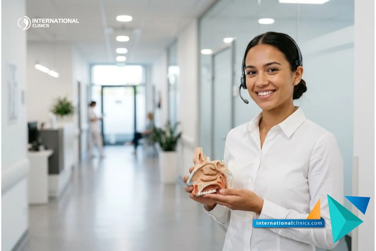A professional female medical coordinator holding a 3D nasal model in a modern clinical hospital corridor at International Clinics.