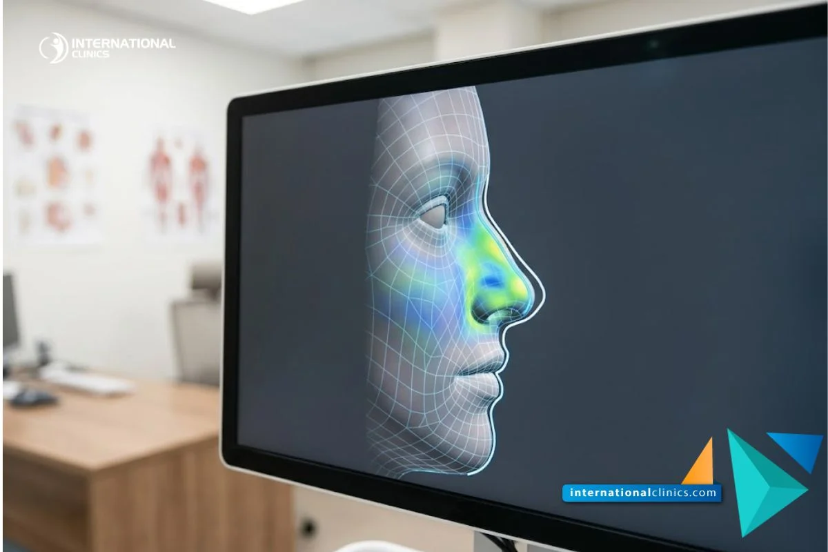 Pantalla médica que muestra un mapa digital 3D del perfil facial para planificar la Incisión Transcolumelar.