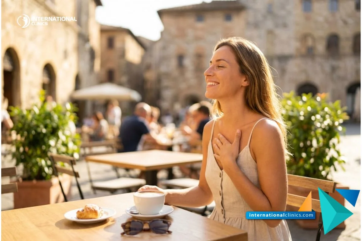 Una persona sonriente y segura de sí misma disfrutando de un día soleado y oliendo una flor, mostrando una recuperación exitosa tras una Rinoplastia ultrasónica.