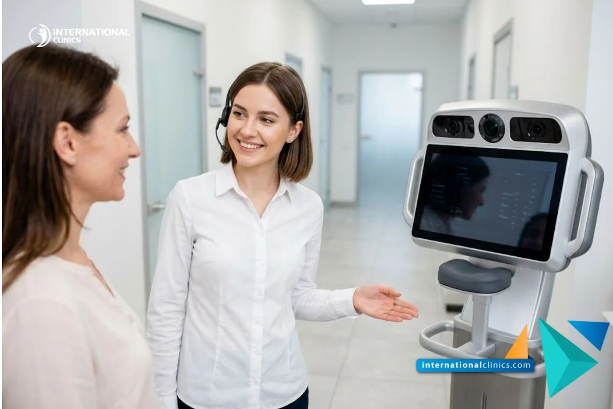 Joven coordinadora médica profesional con auriculares dando una cálida bienvenida a un paciente en la moderna recepción de un hospital en International Clinics.