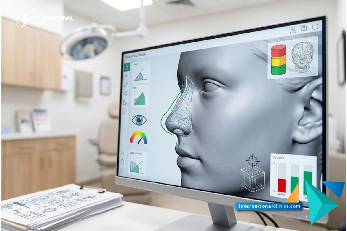Moderno monitor médico que muestra un modelo digital 3D de un perfil facial y la estructura ósea nasal para planificar una Rinoplastia ultrasónica.