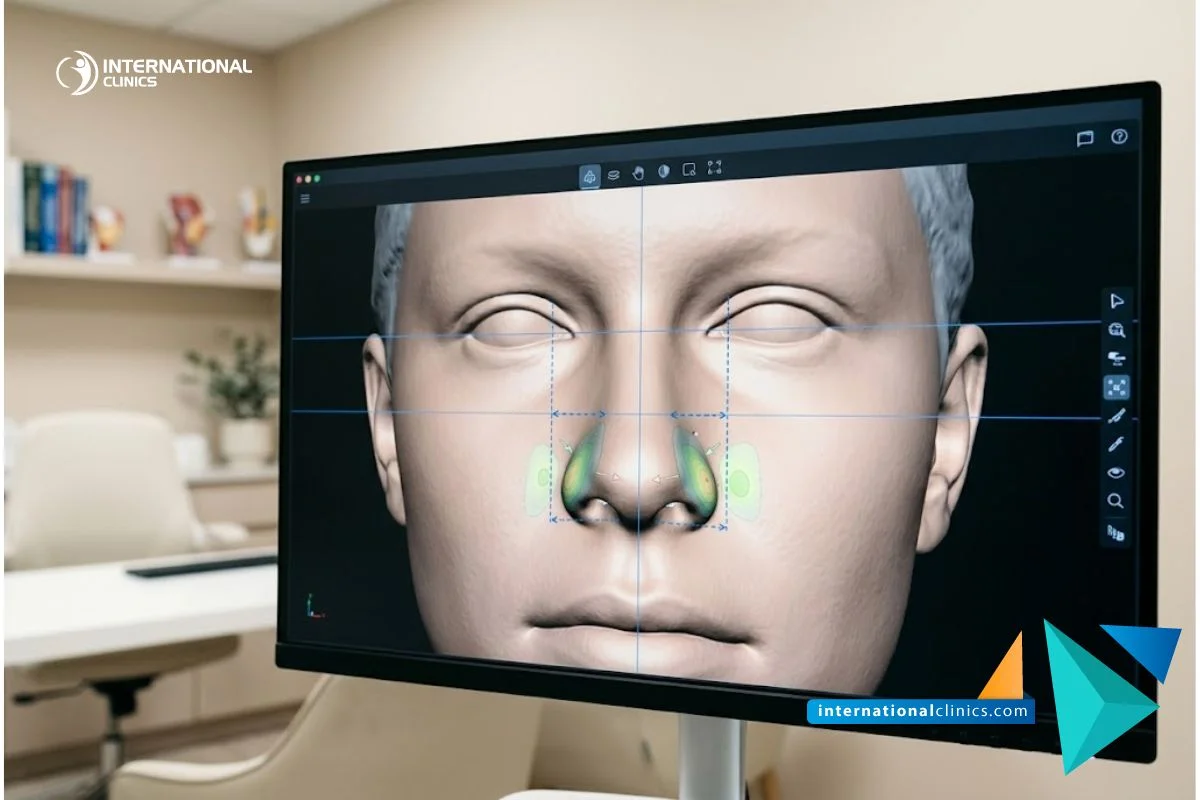Monitor médico moderno que muestra un modelo digital 3D de la nariz y líneas de simetría facial para planificar una Alarplastia en Turquía.