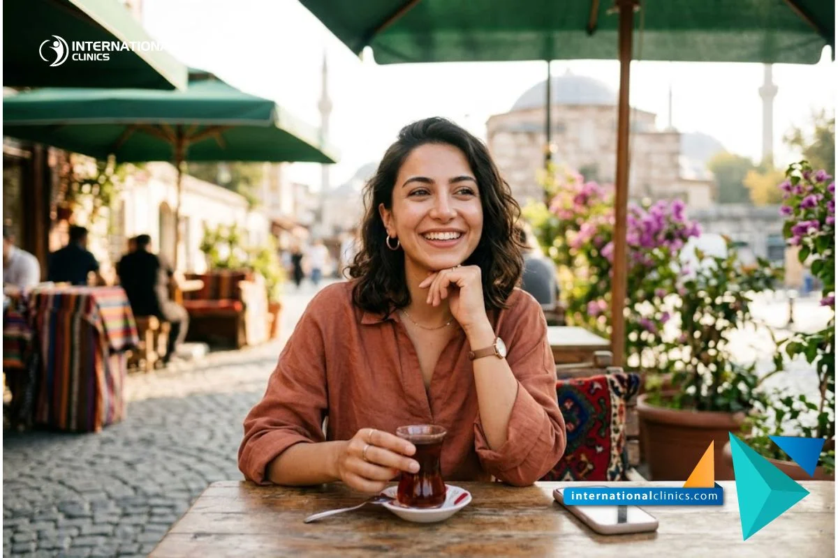 Una persona feliz y segura de sí misma sonriendo radiantemente al aire libre, disfrutando de su armonía facial tras una Alarplastia en Turquía.