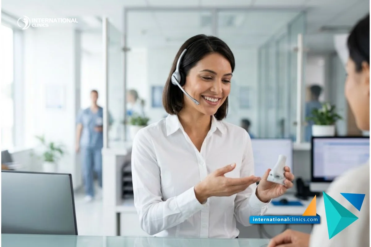 Coordinadora médica profesional sonriendo con auriculares en la moderna recepción de la clínica hospitalaria International Clinics.