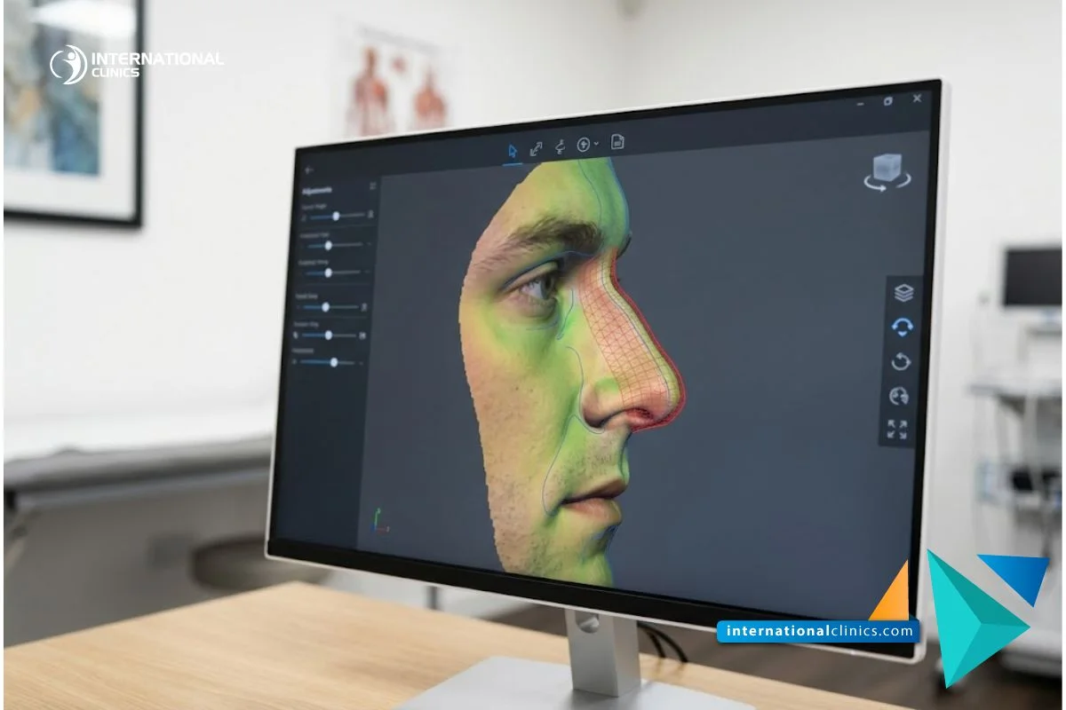 High-tech medical monitor displaying a 3D digital facial profile map for Male Rhinoplasty planning.
