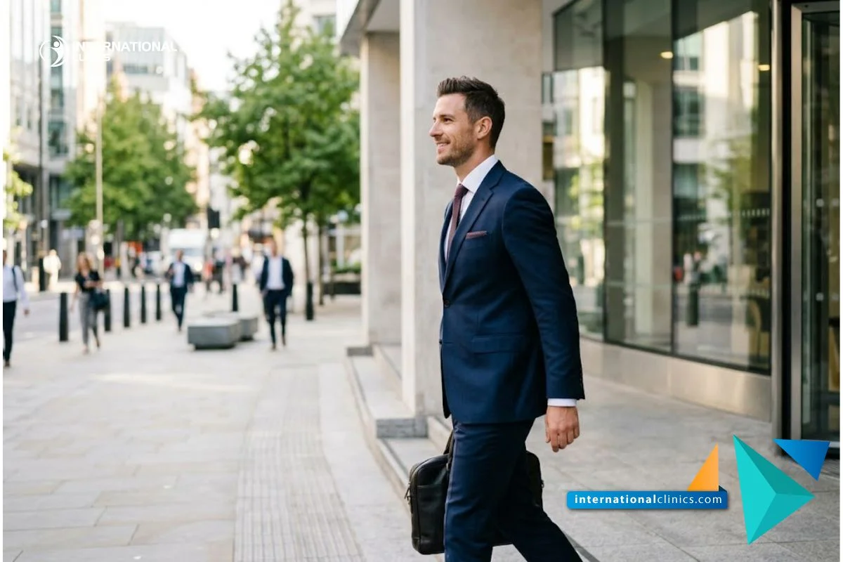 Confident, handsome man in a tailored suit demonstrating excellent recovery and restored self-esteem after Male Rhinoplasty.