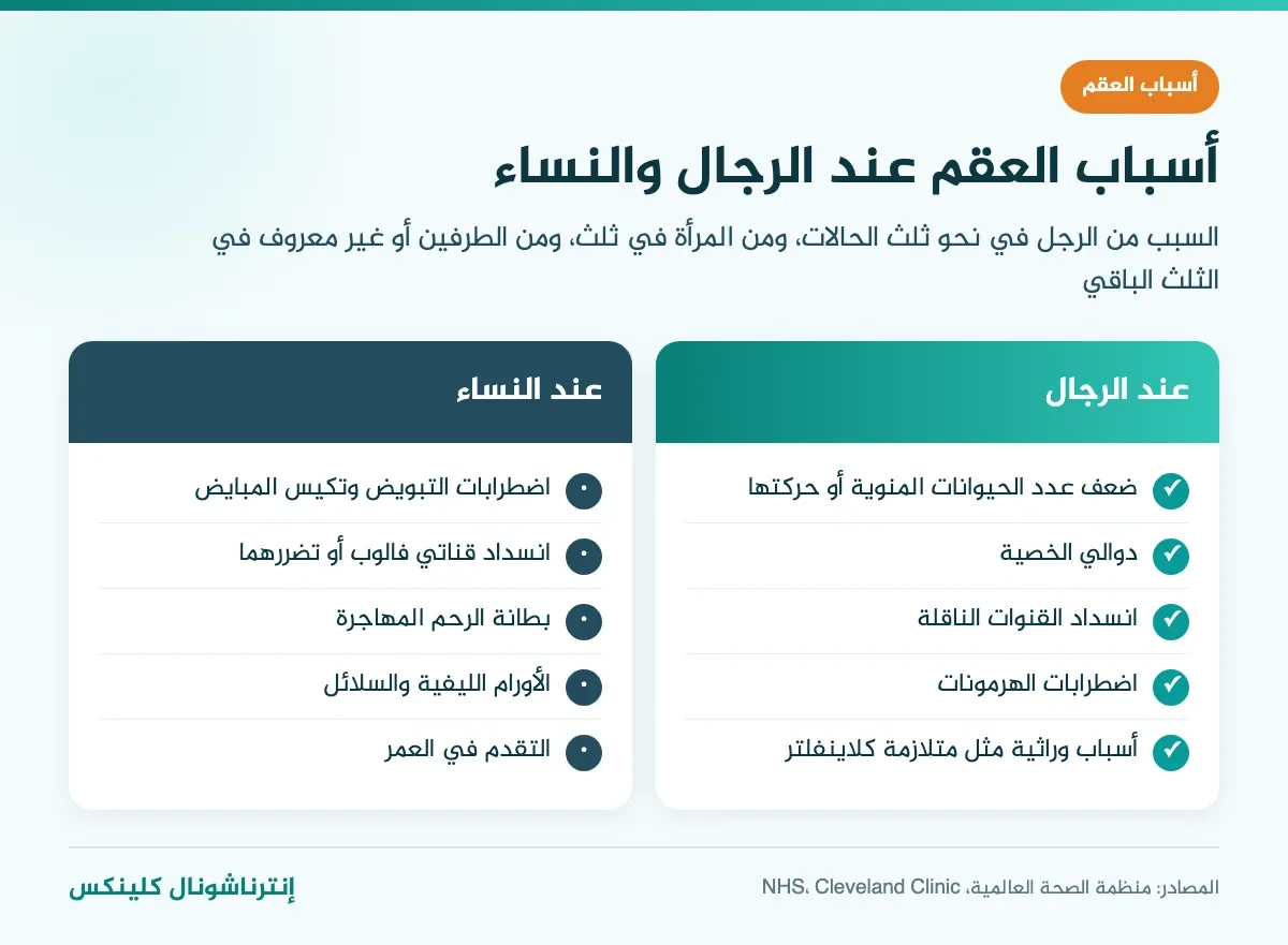 إنفوغرافيك يقارن أسباب العقم عند الرجال وأسباب العقم عند النساء
