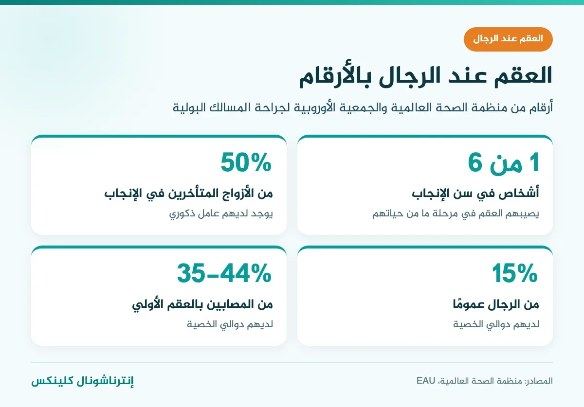 إنفوغرافيك العقم عند الرجال بالأرقام: شخص من كل 6 يصيبه العقم، وعامل ذكوري لدى نصف الأزواج، ودوالي الخصية لدى 35–44% من المصابين بالعقم الأولي