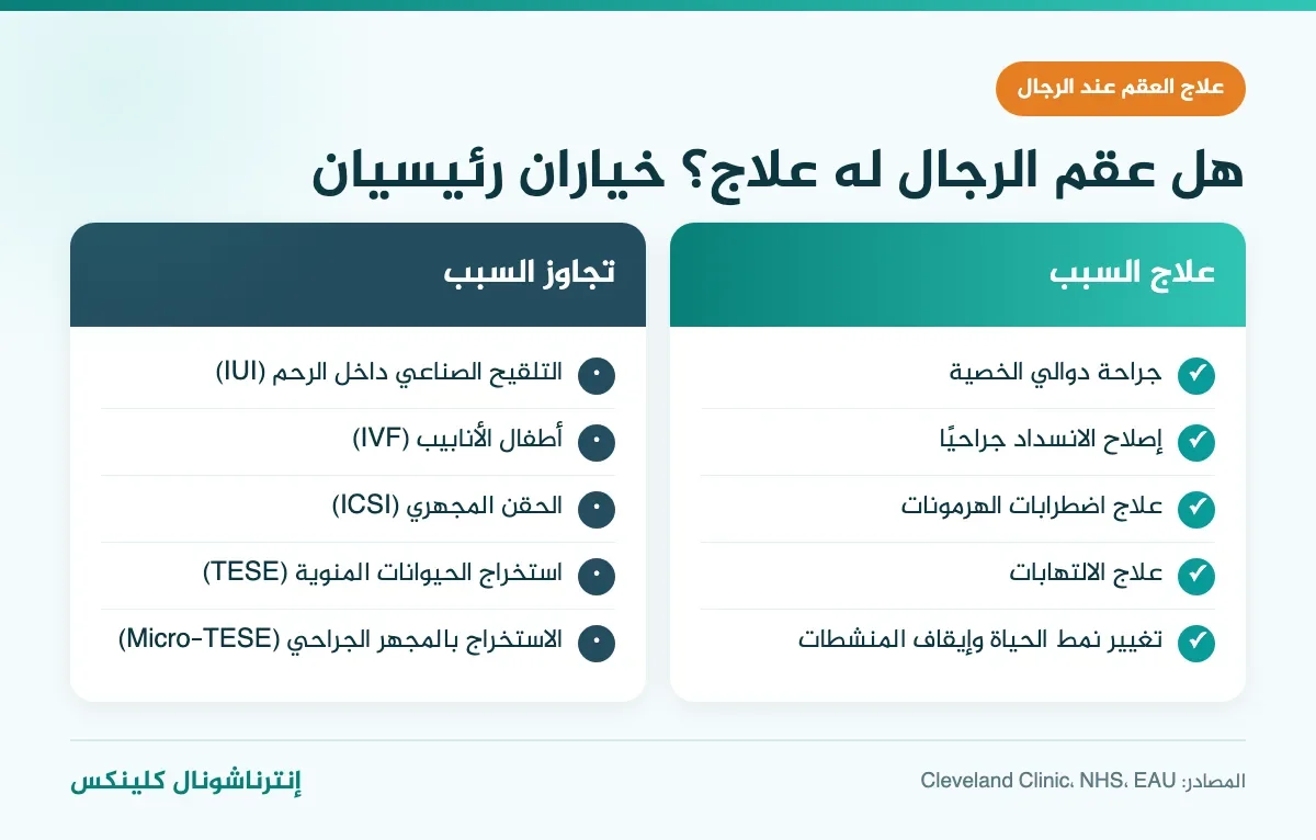 إنفوغرافيك يقارن بين طرق علاج العقم عند الرجال بتصحيح السبب وطرق تجاوزه بالحقن المجهري واستخراج الحيوانات المنوية