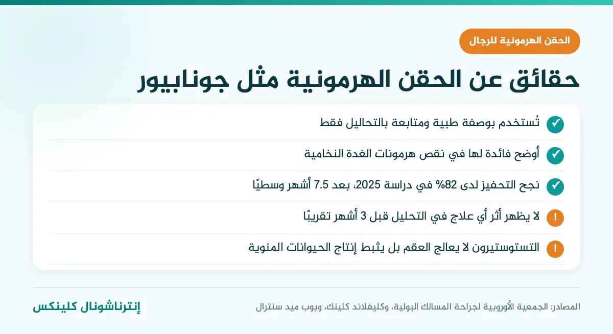 إنفوغرافيك حقائق عن الحقن الهرمونية للرجال مثل جونابيور: متى تفيد ومتى يبدأ مفعولها ولماذا لا يعالج التستوستيرون العقم