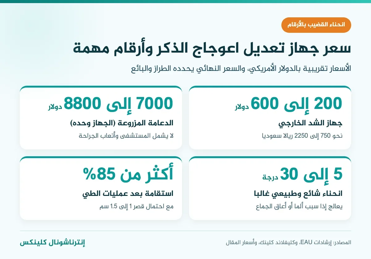 إنفوغرافيك سعر جهاز تعديل اعوجاج الذكر وسعر الدعامة والانحناء الطبيعي للقضيب ونسبة نجاح عملية تصحيح انحناء القضيب