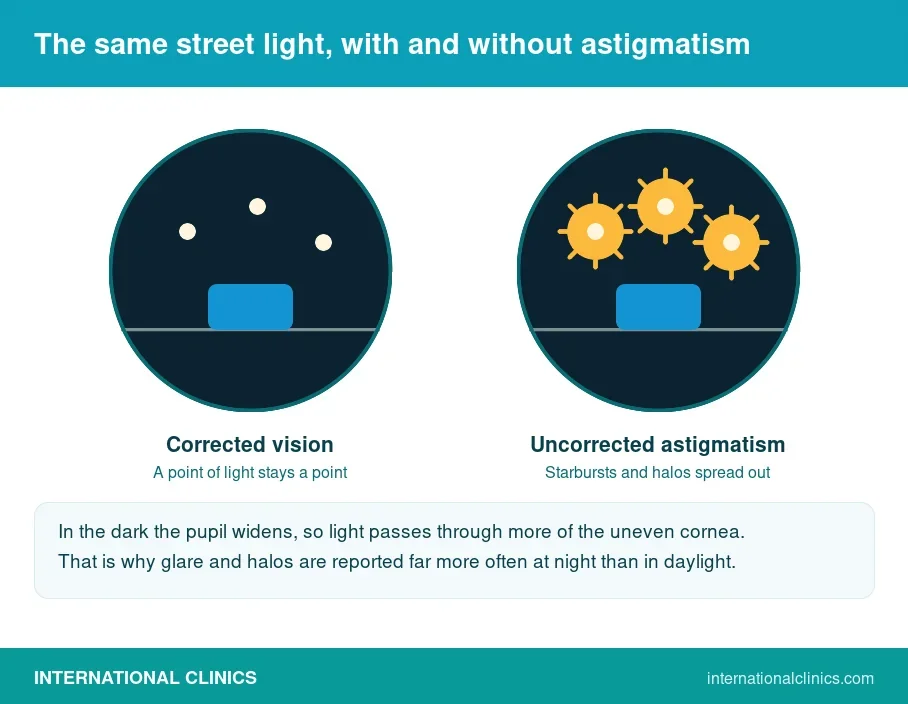 Night scenes side by side: a point of light stays a point with correction, and spreads into starbursts and halos without it