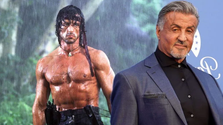 Sylvester Stallone as Rambo and at a recent event, then and now