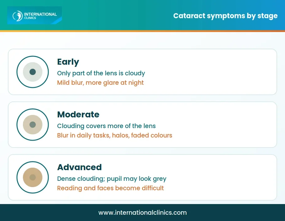 Cataract stages compared: early, moderate and advanced clouding of the lens