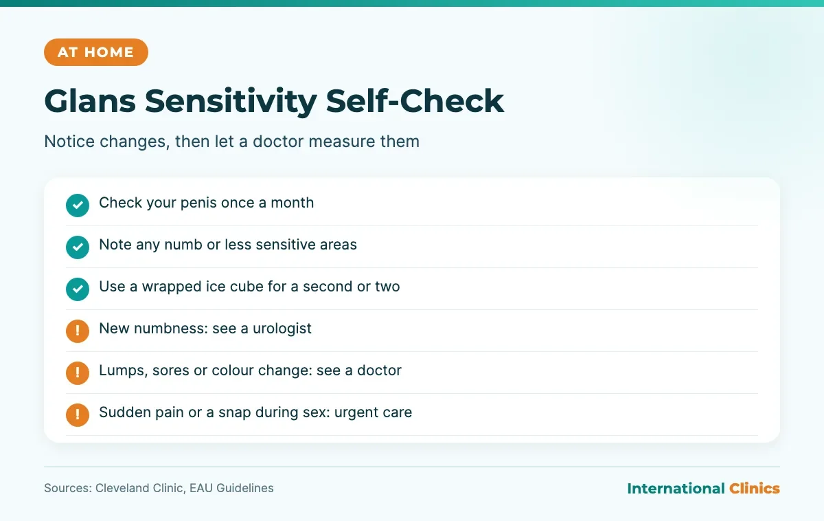 Glans sensitivity self-check at home: monthly penis check, numb areas, ice test and when to see a urologist