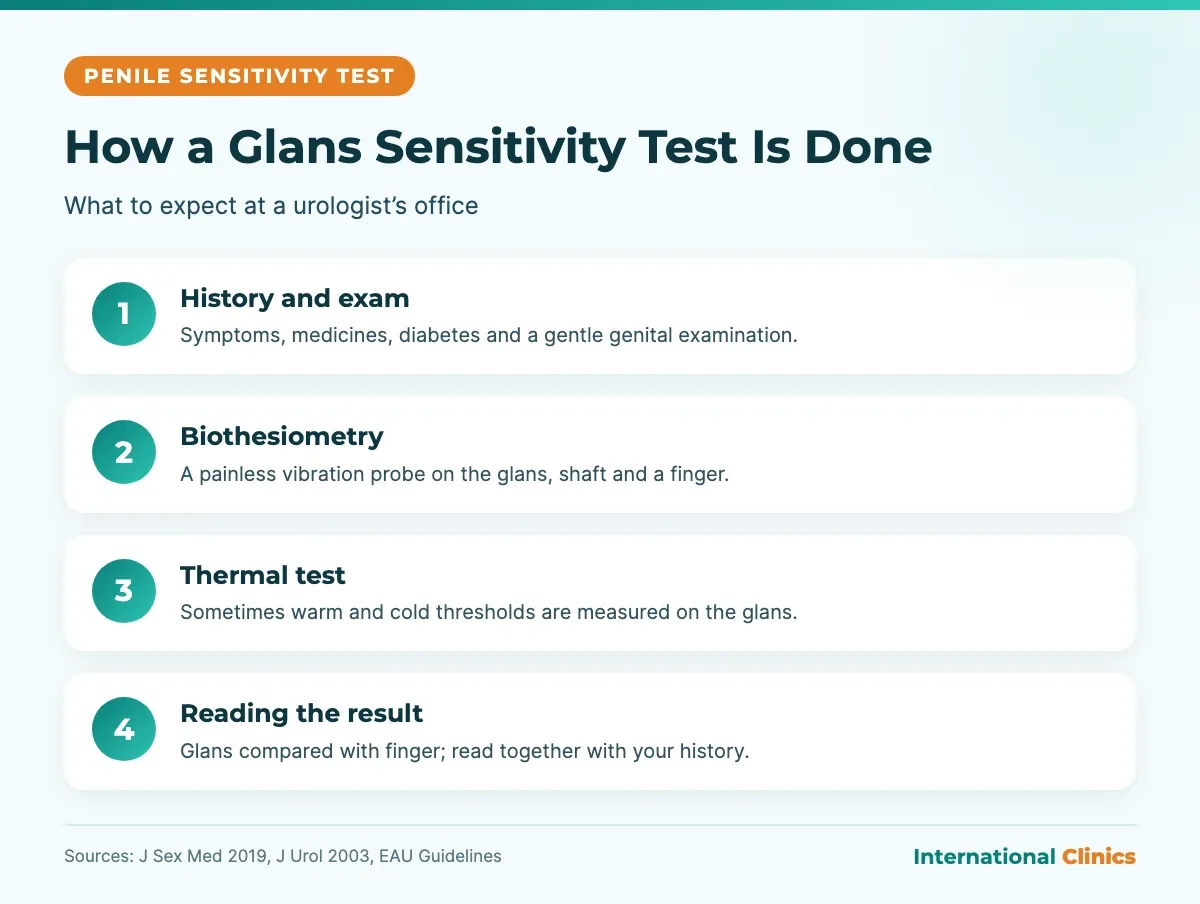 How a glans sensitivity test is done: history, biothesiometry vibration test, thermal test and reading the penile sensitivity result
