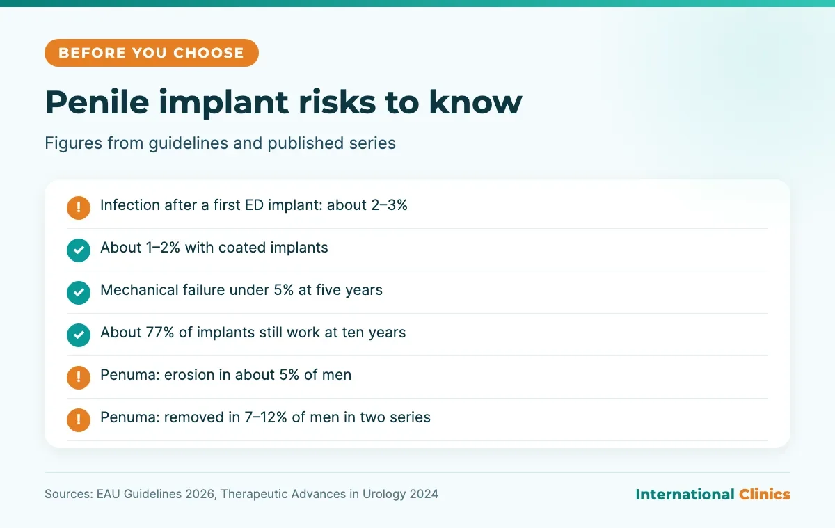 Penile implant risks infographic: infection rates, mechanical failure and ten-year survival of ED implants, and Penuma erosion and removal rates