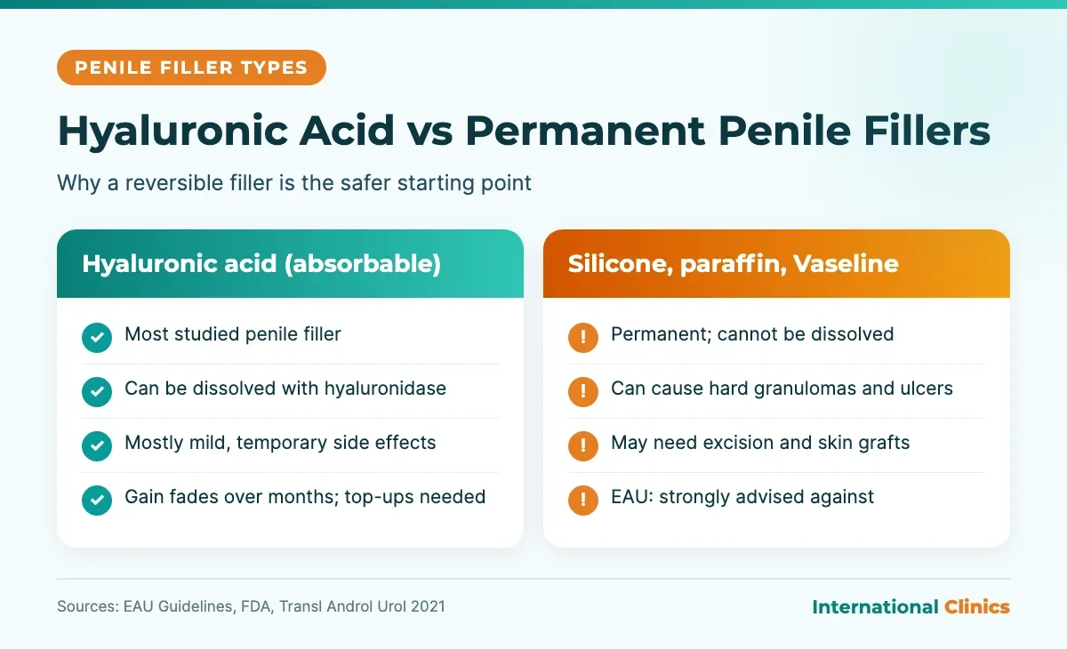 Penis enlargement injections compared: hyaluronic acid filler versus permanent silicone, paraffin and Vaseline injections