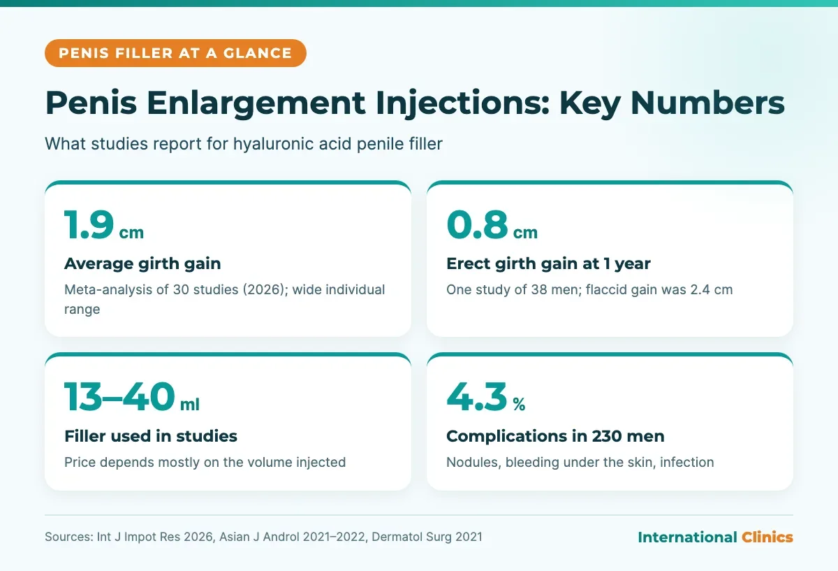 Penis enlargement injections key numbers: average 1.9 cm girth gain, 0.8 cm erect gain at one year, 13–40 ml of filler, 4.3% complications