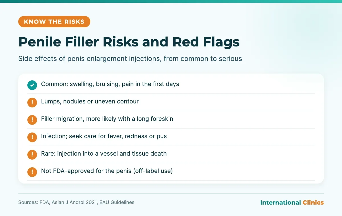 Penis enlargement injections risks checklist: swelling, nodules, filler migration, infection, vascular injury, off-label use
