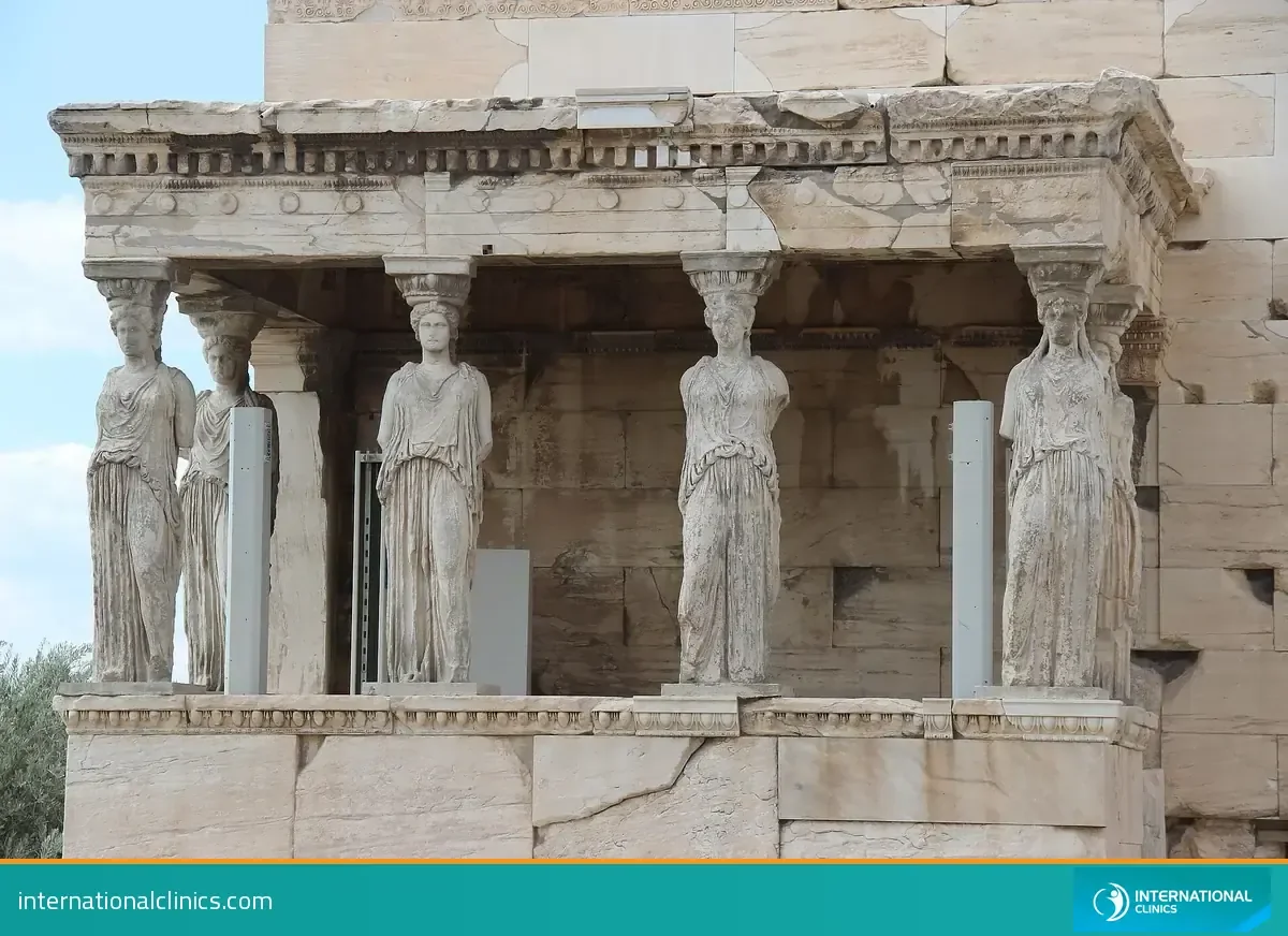 Caryatid statues of the Erechtheion on the Acropolis of Athens, classical Greek sculpture behind the Greek nose ideal