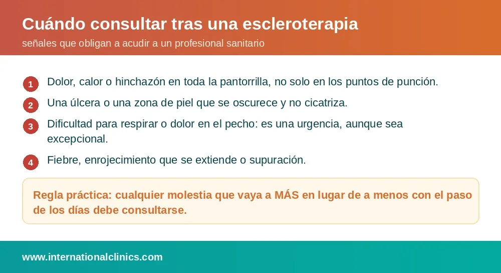 Cuándo consultar tras una escleroterapia: dolor o hinchazón en toda la pantorrilla, úlcera que no cicatriza, dificultad para respirar o dolor en el pecho, fiebre o supuración