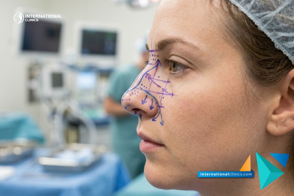 A clinical photograph of a patients nose marked with surgical planning lines for Open Rhinoplasty in Turkey at International Clinics.