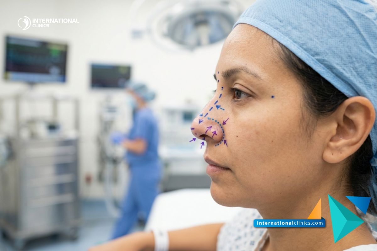 Close-up clinical photograph of a nose marked with surgical planning lines for Septorhinoplasty at International Clinics.