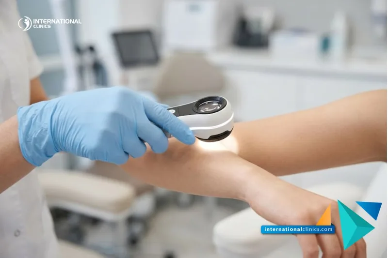 A close-up photograph of a dermatologist examining a patient's skin using a dermatoscope to identify the Causes of Eczema at International Clinics.