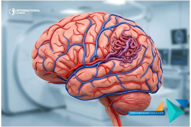 A 3D medical visualization of brain blood vessels highlighting Arteriovenous Malformations at International Clinics.