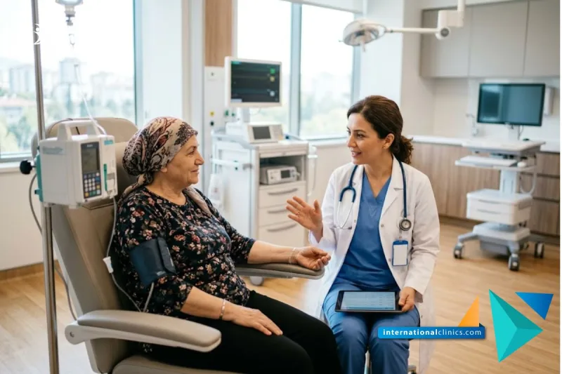 A clinical photograph of a patient receiving advanced medical care and consultation from a specialist doctor in a pristine clinic room for Medical Tourism in Turkey at International Clinics