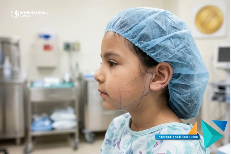 Clinical photograph showing precise surgical planning lines for the treatment of Congenital Anomalies in a sterile operating room at International Clinics.