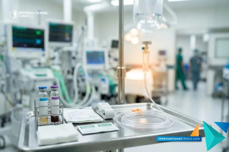 A clinical close-up photograph of sterile blood culture vials and a glowing IV drip setup, representing intensive medical care for Sepsis, seamlessly filling a 3:2 frame at International Clinics, with an ICU background.