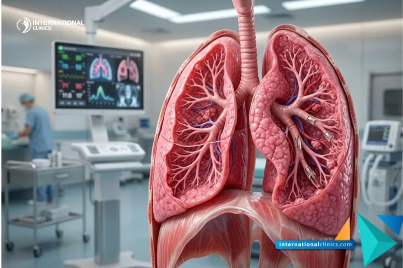 A cohesive aesthetic close-up 3D medical visualization of human lungs showing restored pulmonary function after treatment for Advanced Emphysema at International Clinics, filling the entire frame completely without borders.